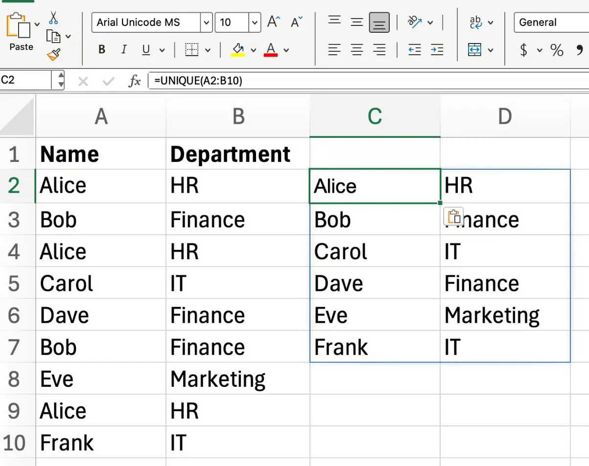 Excel UNIQUE function with an array 2