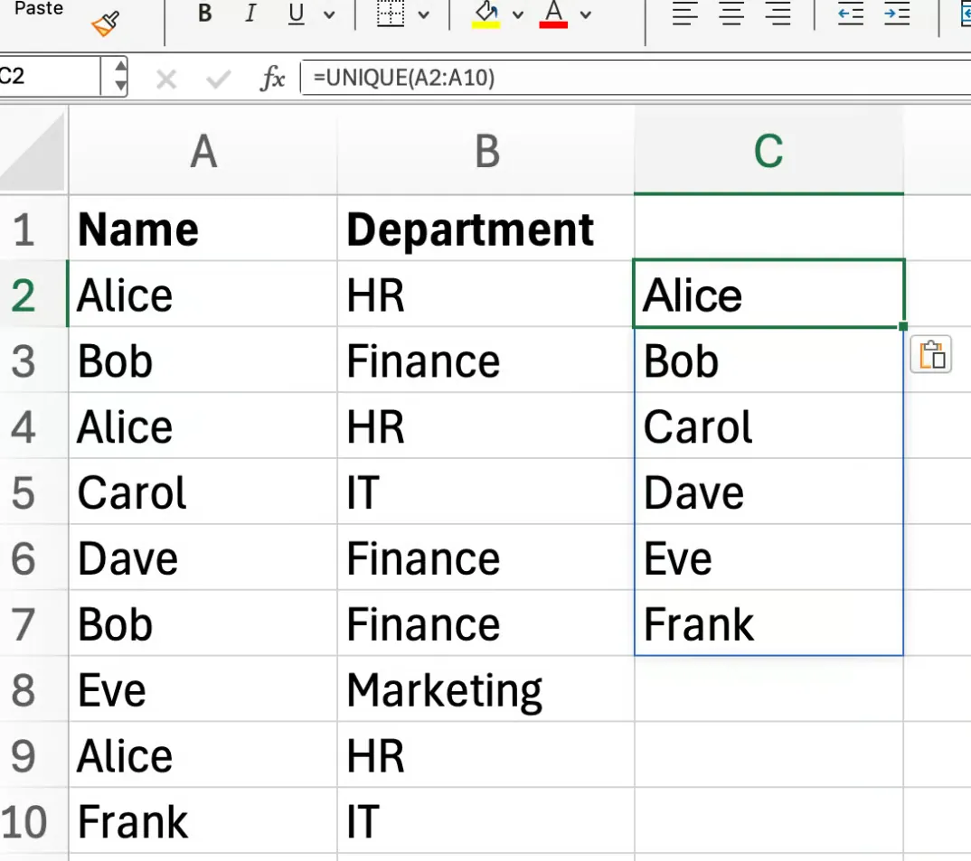 Excel UNIQUE function with two columns 3