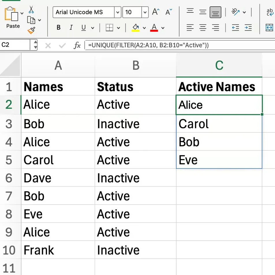 Excel UNIQUE with FILTER 6
