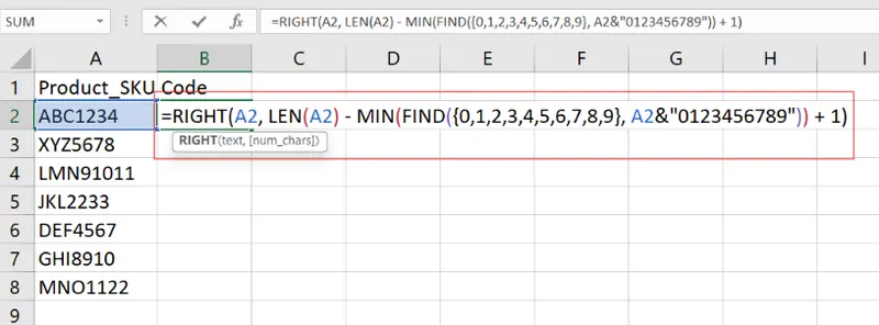 Extraindo números do final de uma string no Excel. 2