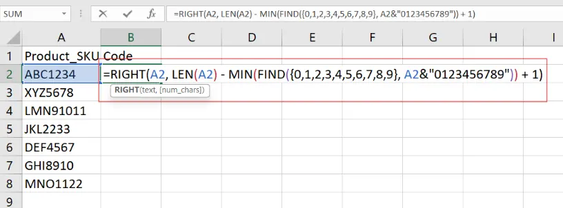 Extracting numbers from the end of a string in Excel. 2