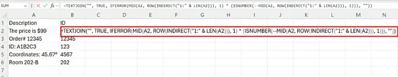 Extraindo números de qualquer posição no Excel usando TEXTJOIN(), MID() e ROW(). 5
