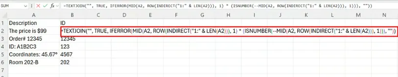 Extracting numbers from any position in Excel using TEXTJOIN(), MID(), and ROW(). 5
