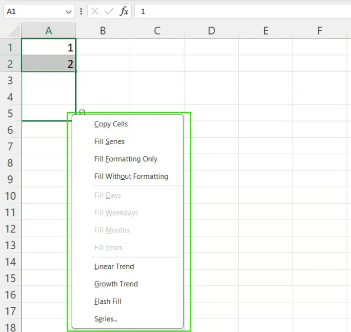 Excel AutoFill Options for numbers. 6