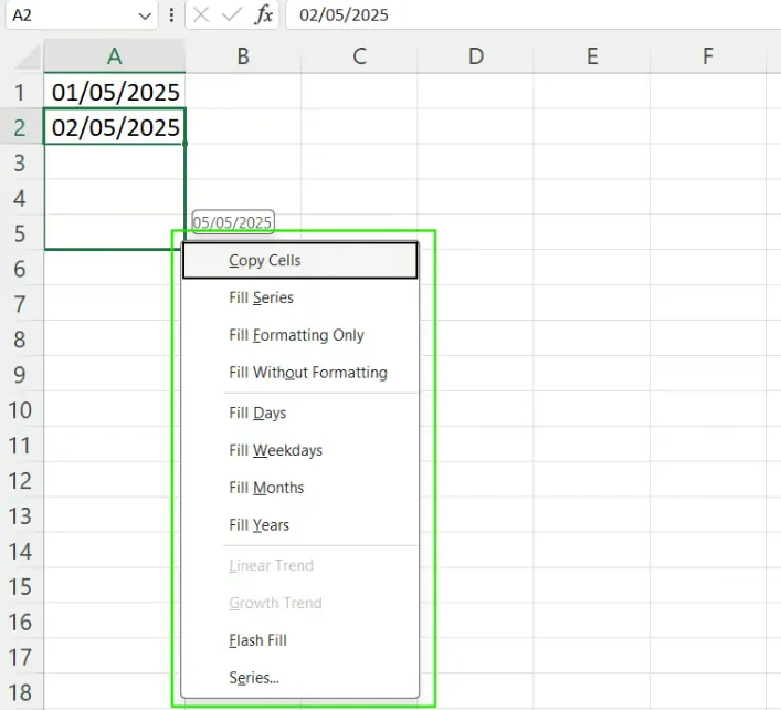 Excel AutoFill Options for dates 7