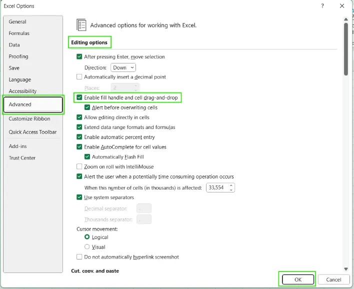 How to enable the Fill Handle in Excel. 9