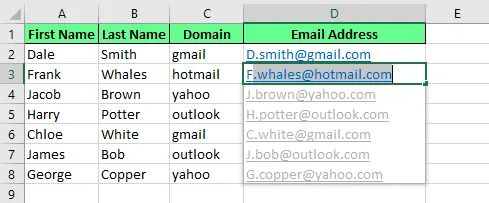 Excel에서 플래시 필드를 사용하여 이메일 주소 생성. 11