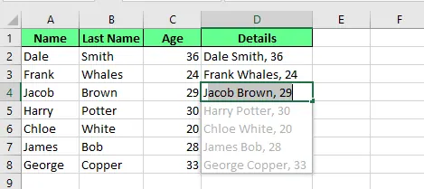 Excel에서 플래시 필드를 사용하여 여러 셀을 하나로 결합. 7
