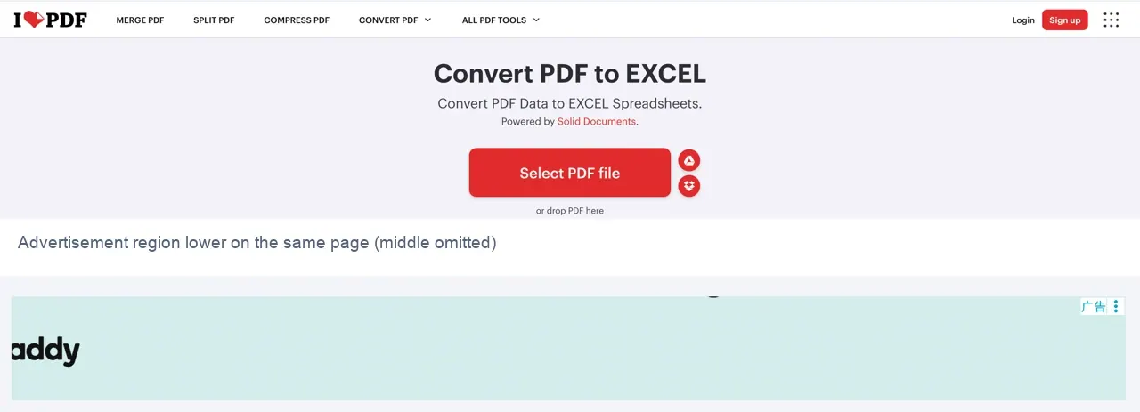 iLovePDF conversion interface and the advertisement region lower on the same page iLovePDF conversion interface and the advertisement region lower on the same page