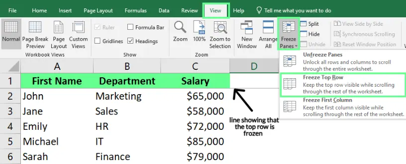 Figer la ligne supérieure dans une feuille Excel 1