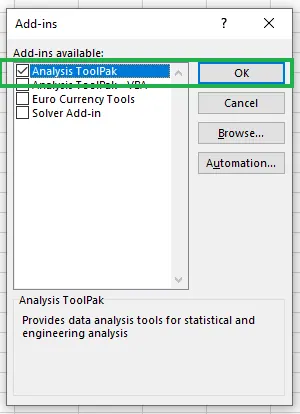 Enabling Data Analysis ToolPak 13
