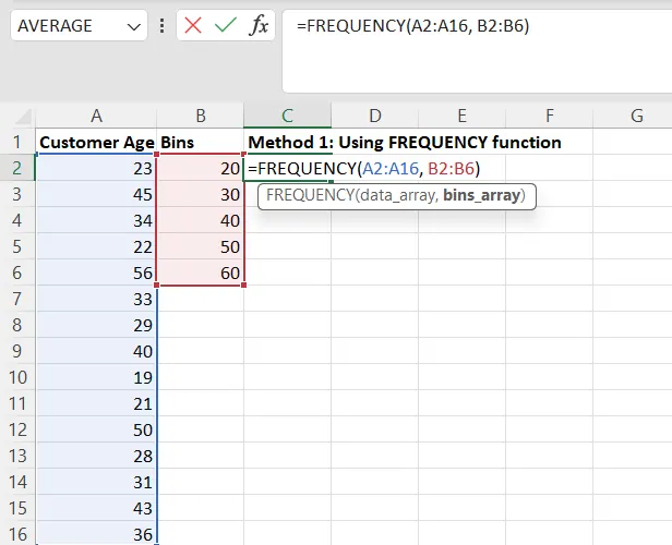 The formula for frequency distribution using FREQUENCY() function 2