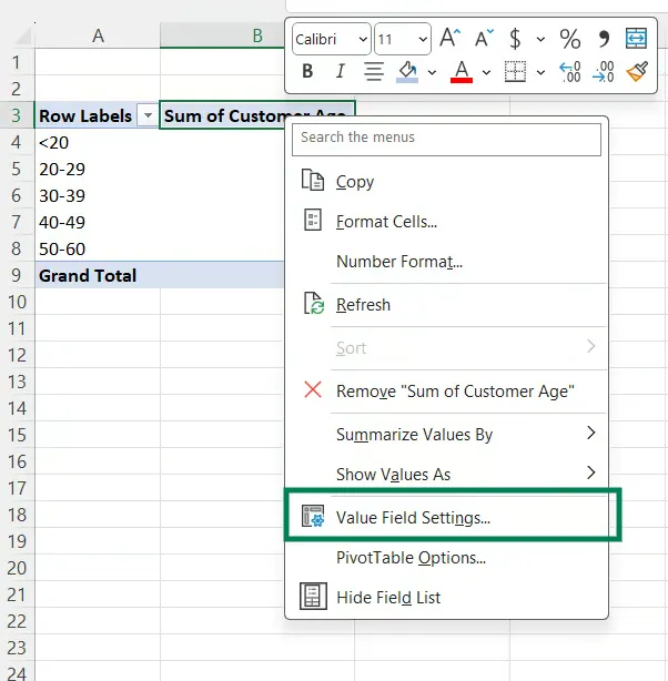 Value Field Settings in Pivot Table 9