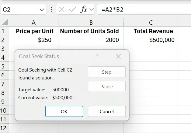 판매 목표 예제에 대한 Excel 목표 찾기 결과 11