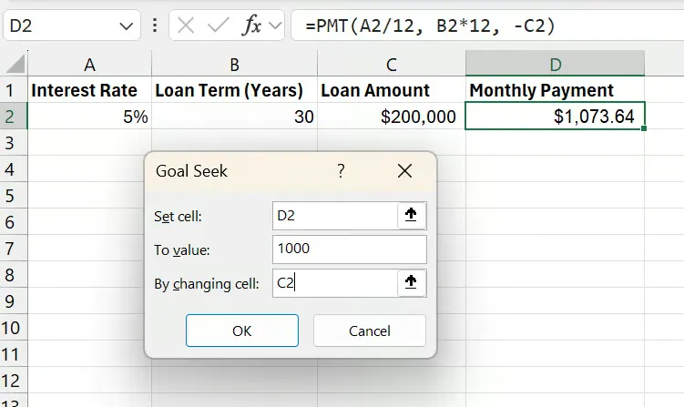 대출 상환 예제에 대한 Excel 목표 찾기 옵션 7