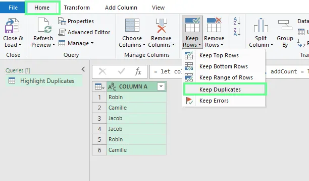 displaying the duplicate data using power query in excel 11