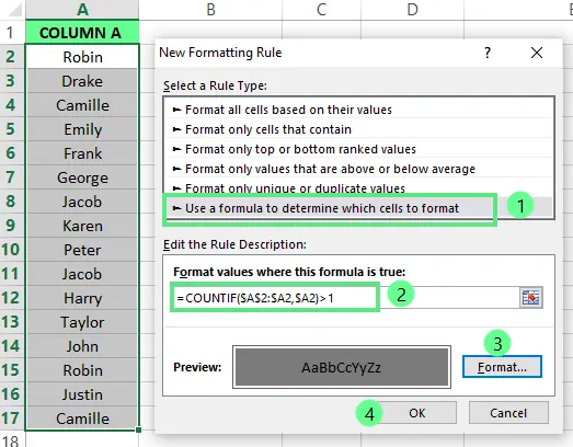 highlighting the second occurrence of duplicates in excel 6