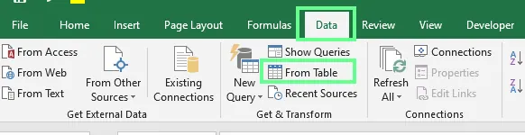 Selecting the From Table option in excel 8