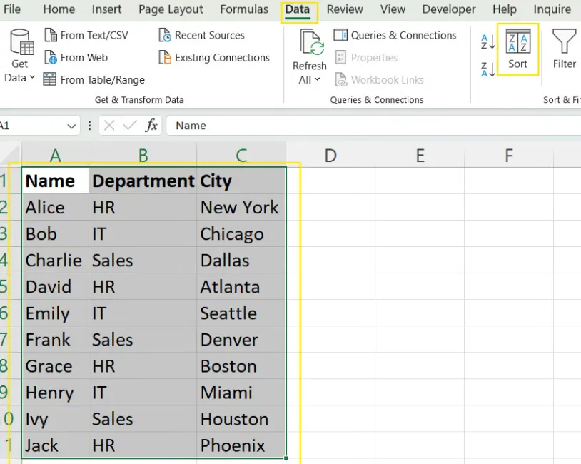 Using the Sort dialog box to alphabetize single column in Excel. 2