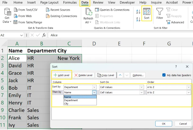 Using the Sort dialog box to alphabetize multiple columns in Excel. 4