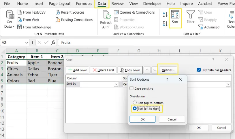 Using the Sort dialog box to sort rows alphabetically in Excel. 5