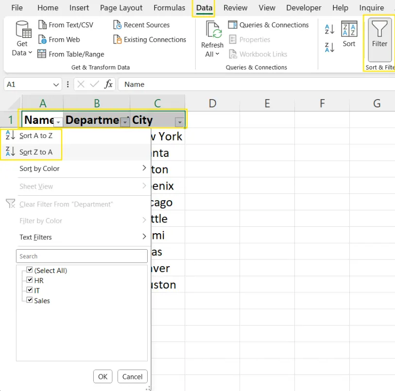 Using filters to sort data alphabetically in Excel. 7