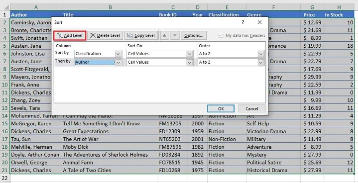Excel's multi-level sort dialog box