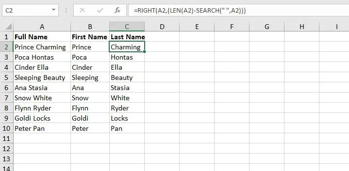 Using complex formulas to split names in Excel
