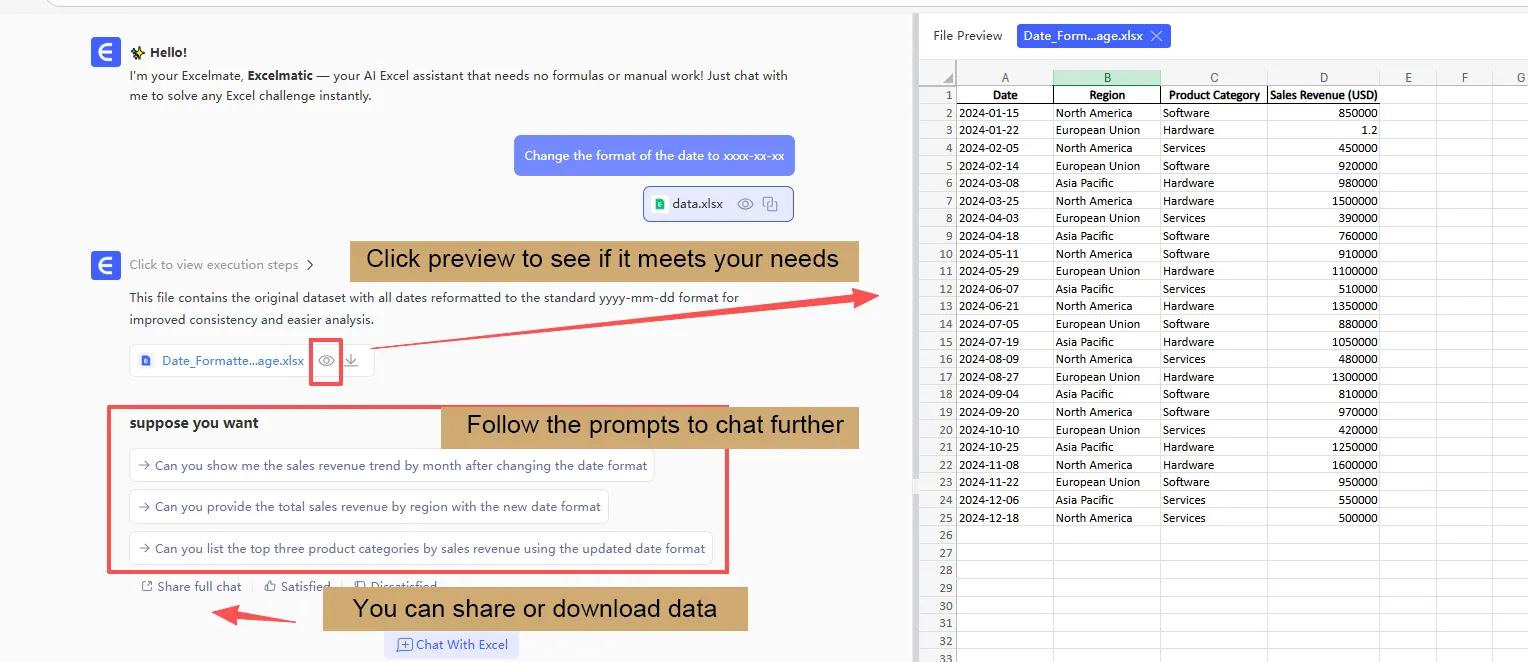 Receive a clean, structured Excel file