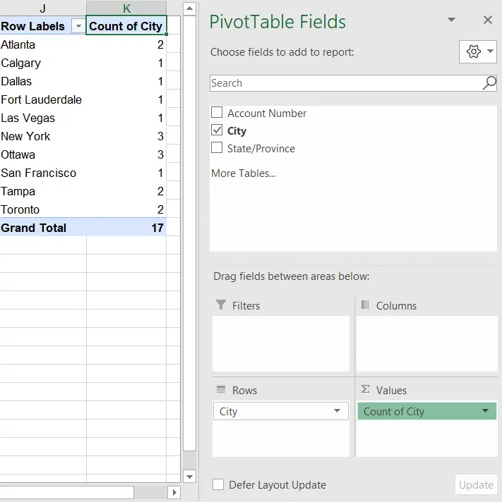 각 도시별 개수가 표시된 피벗테이블