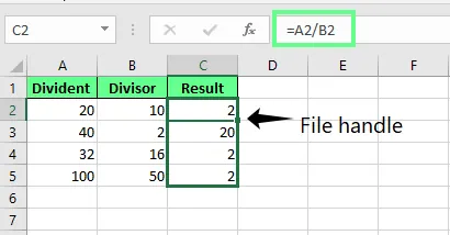 Dividing the numbers using the cell reference in the formula in Excel 1