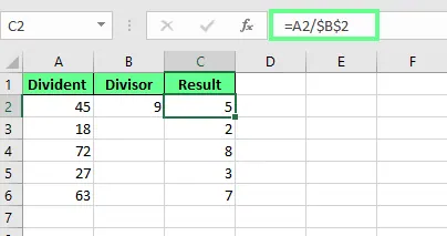 Dividing the numbers using the absolute reference in the formula in Excel 2