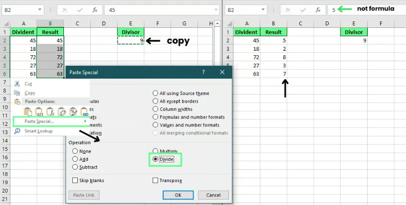 Dividing the numbers using the Paste Special method in Excel 3