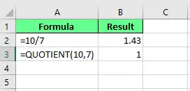 Dividing the numbers using the QUOTIENT() function to get the integer part of the result in Excel 4