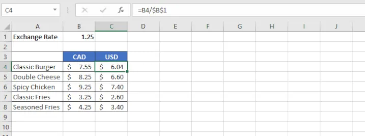 Eine Excel-Formel, die Division durch eine absolute Zellreferenz zeigt, z. B. =B4/$B$1.