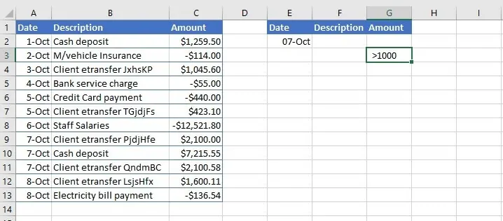 고급 필터 조건 범위 설정