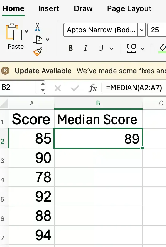 How to find the median in Excel with odd number of items 2