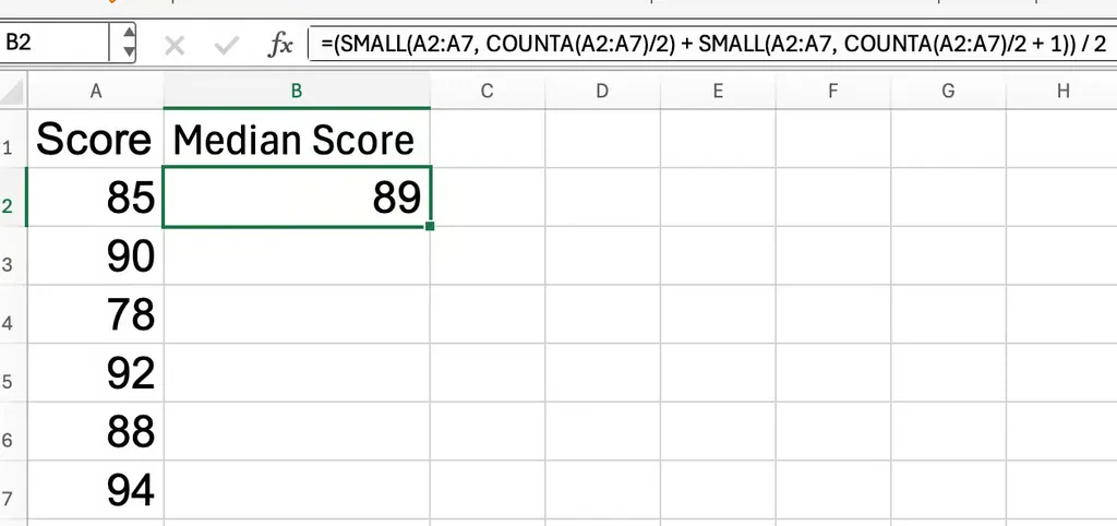 Finding the median in Excel using COUNTA, ROUNDUP and SMALL 4