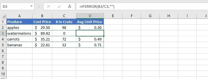 Utilisation de IFERROR pour afficher une cellule vide au lieu d'une erreur.