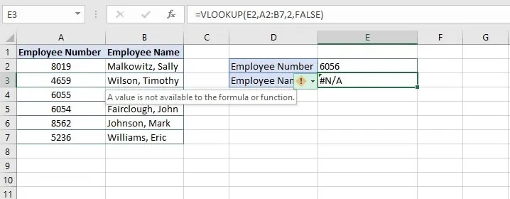 Une formule VLOOKUP renvoyant une erreur #N/A.
