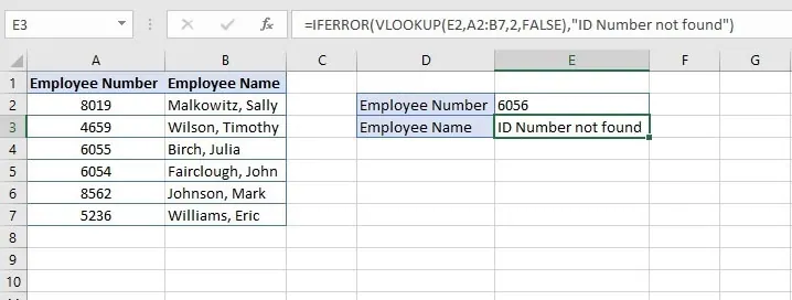 Utilisation de IFERROR pour afficher un message personnalisé pour une erreur VLOOKUP.