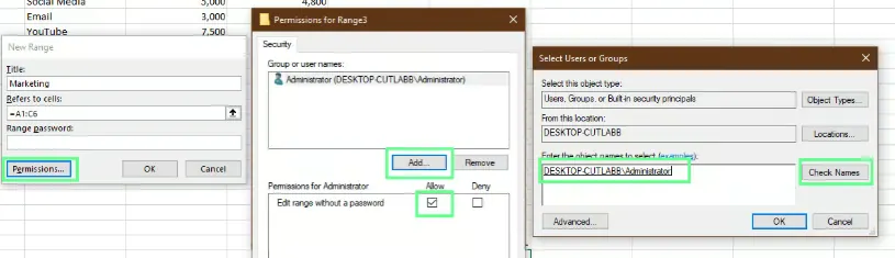 Giving permission to specific people without a password using a Allow Users to Edit Range option in Excel. 7