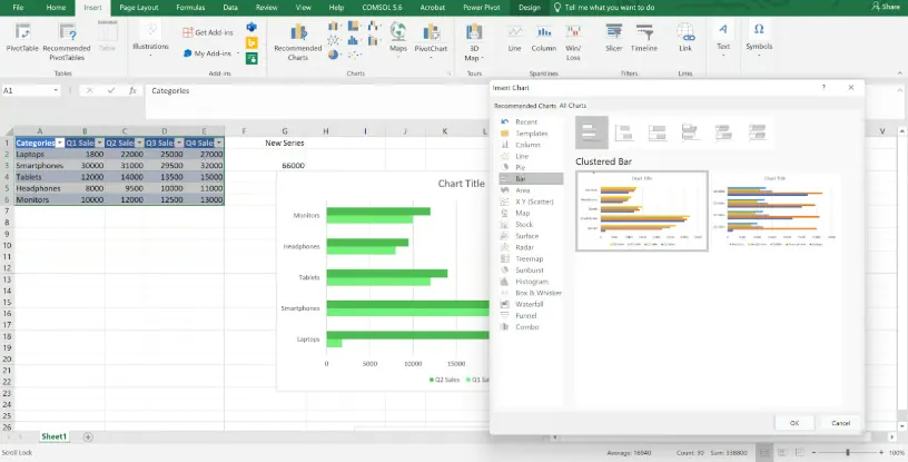 Excel chart gallery displaying Clustered, Stacked, and 100% Stacked Bar options. 4