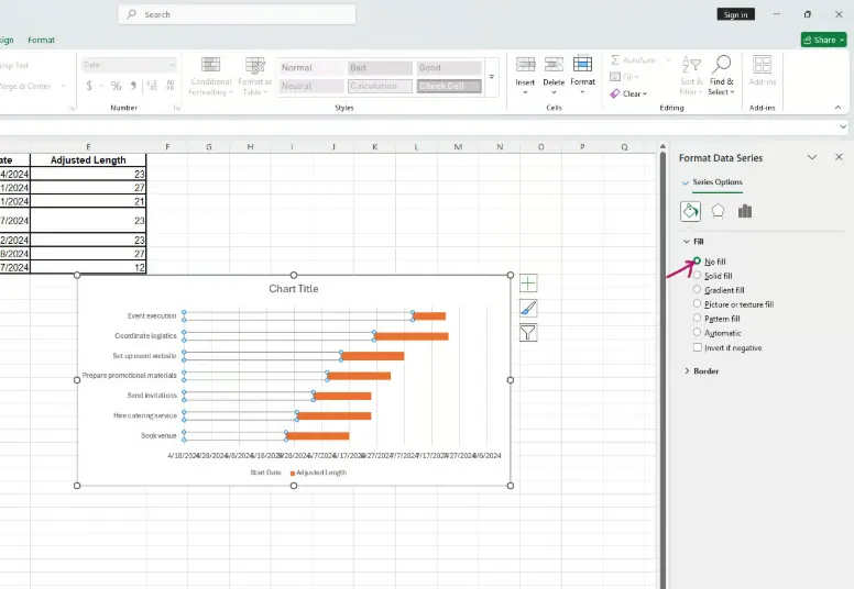 dans le volet format de la série de données, sélectionnez "Aucun remplissage" 6