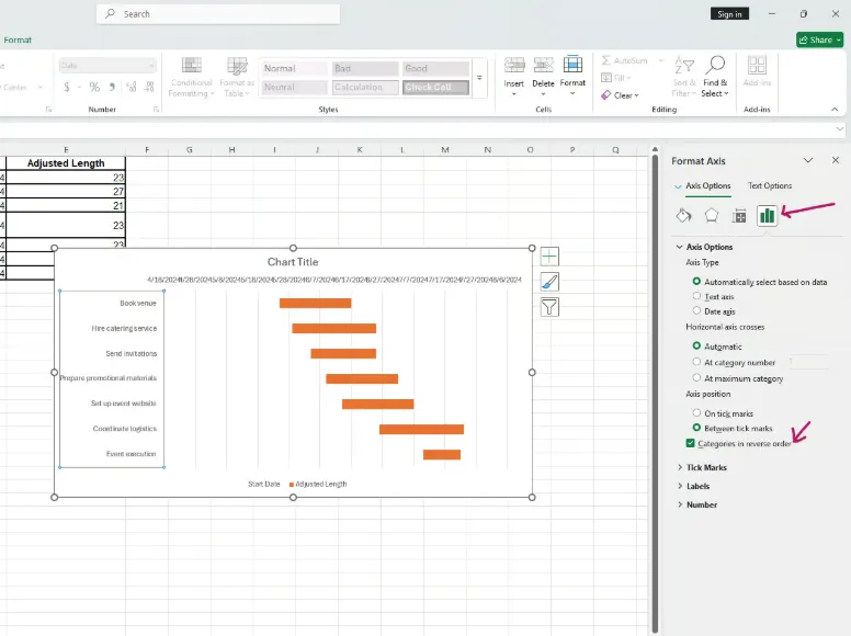 Dans le volet format de l'axe, cochez "Catégories dans l'ordre inverse." 7