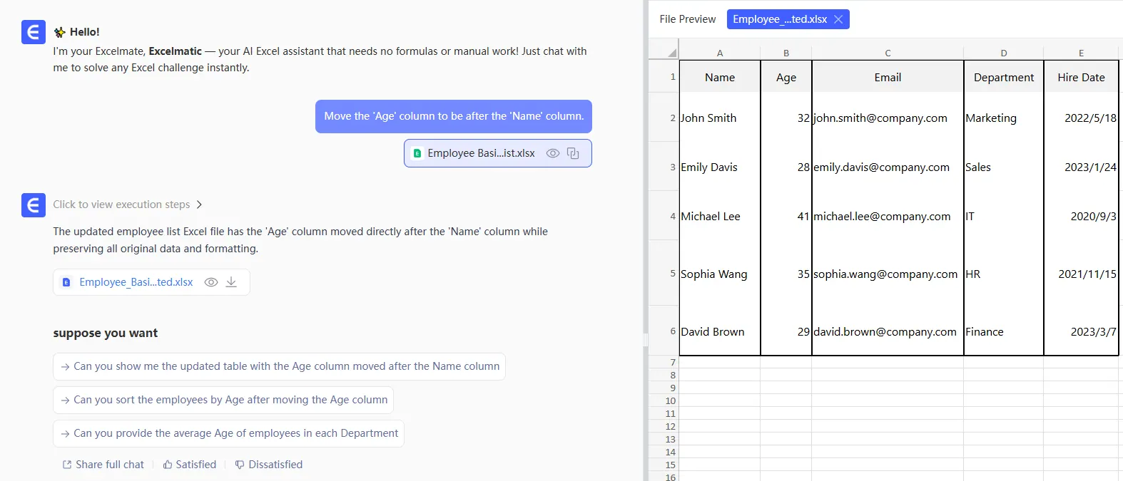 사용자가 열 재배치 명령을 입력하는 Excelmatic 인터페이스를 보여주는 일러스트. 8
