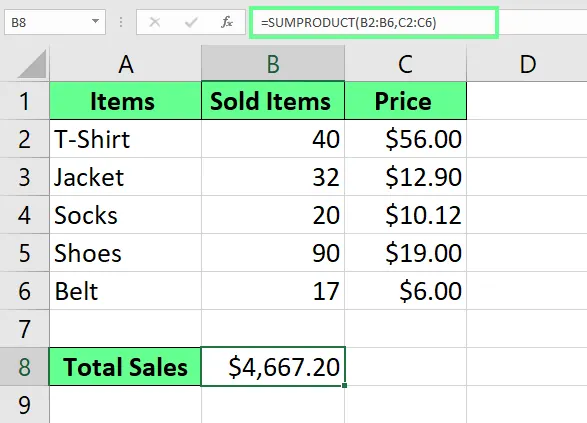 SUMPRODUCT를 사용해 Excel에서 결과 곱하고 합하기. 10