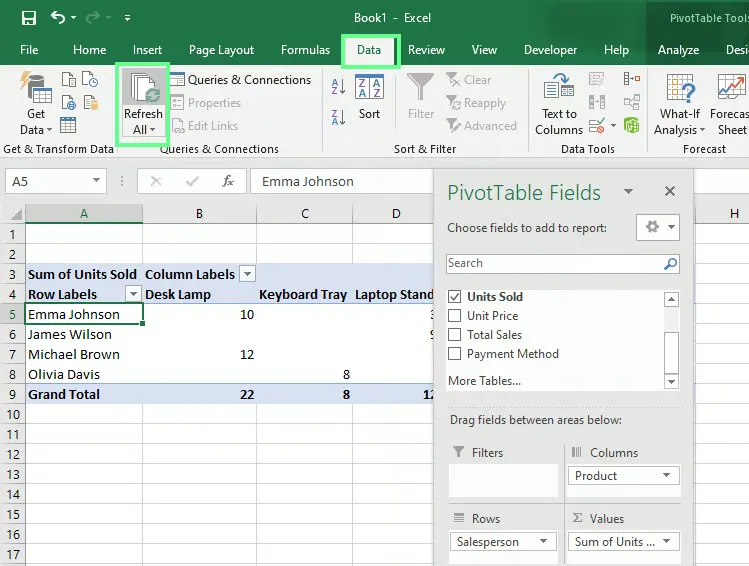 Actualiser manuellement le tableau croisé dynamique dans Excel 1