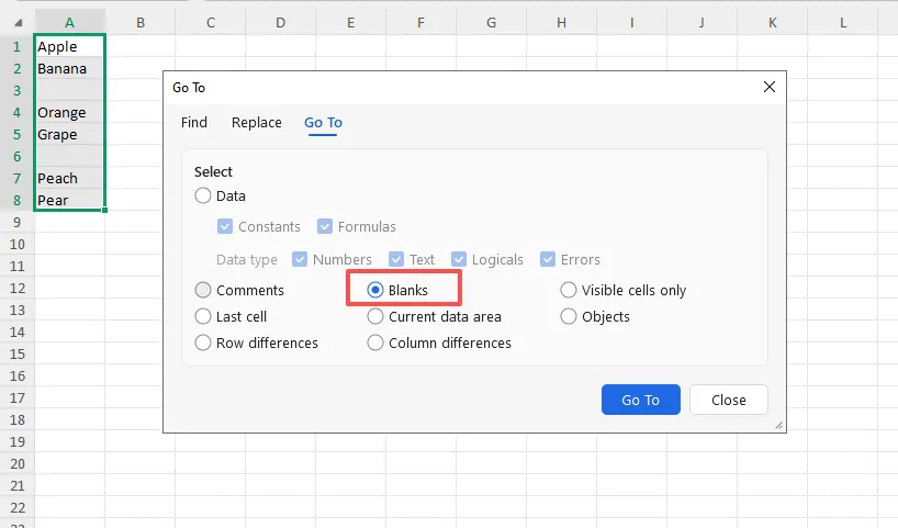 Go To Special dialog box in Excel to select blanks