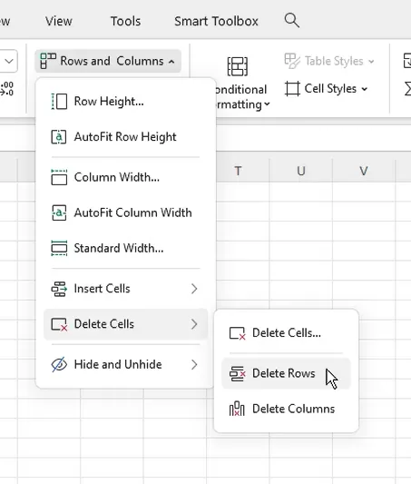 Delete Sheet Rows option in Excel